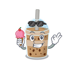 Wall Mural - cartoon character of chocolate bubble tea holding an ice cream