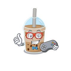 Sticker - Cool gamer of chocolate bubble tea mascot design style with controller