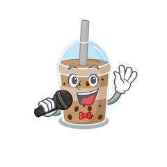 Wall Mural - Cute chocolate bubble tea sings a song with a microphone