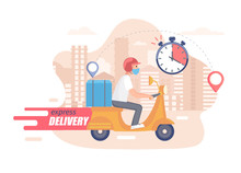 Fast,free And Healthy Scooter Delivery Concept. Food And Other Shipping Service For Websites In Quarantine. Vector Illustration Of Quick And Express Deliver. Advertise For Restaurants, Caffees, Shops.