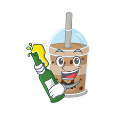 Wall Mural - Chocolate bubble tea with bottle of beer mascot cartoon style