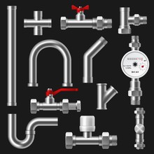 Plumbing Pipes, Pipeline Parts Of Water Supply And Drain System 3d Vector Design Of Construction Industry. Realistic Metal Tubes, Valves And Faucets, Taps, Steel Fixtures, Connectors And Flow Meter