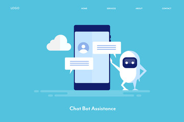 Wall Mural - chatbot assistant, mobile interaction with chat bot communication, instant messaging app, cloud tech