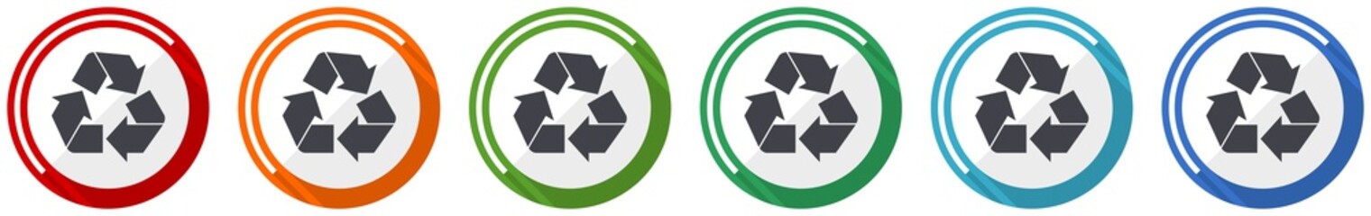 Fototapete - Recycle icon set, flat design vector illustration in 6 colors options for webdesign and mobile applications