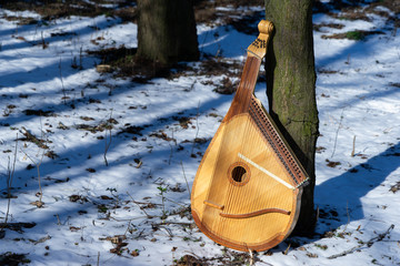 Still life of a bandura next to a tree on a snowy ground in a grove, an ancient national Ukrainian instrument, archetypal, spiritual