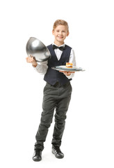 Wall Mural - Cute little waiter on white background