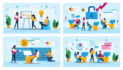 Startup Planning, Hacker Attack, Bitcoin Trading, Time Management Trendy Flat Vector Concepts Set. Developers Meeting, Employees in Panic, Mining Farm Owners, Programmers Failing Deadline Illustration