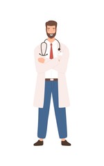 Friendly male physician wearing stethoscope posing vector flat illustration. Positive doctor in white coat standing with crossed hands isolated on white. Medical staff in uniform