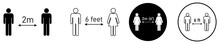 Social Distancing Set Of Icons. Simple Man Or Woman Black And White Silhouettes With Arrow Distance Between. Can Be Used During Coronavirus Covid-19 Outbreak Prevention