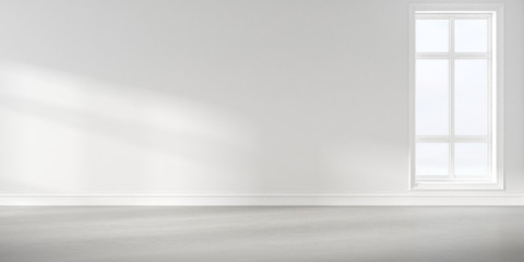 Abstract of empty white concrete room with sun light cast the window shadow on the wall and floor,Perspective of minimal design architecture. 3d render.