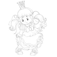 Little Cute Princess With A Flower In Her Hand And With A Crown On Her Head, Outline Drawing, Isolated Object On A White Background, Coloring Book, Vector Illustration,