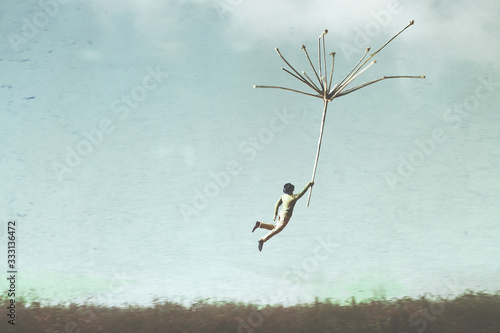 Photographie surreal man flying free in the sky