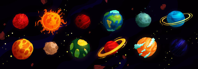 Cartoon planets vector cute set. Space objects - sun, moon, mars, mercury, earth. Fantasy planets.