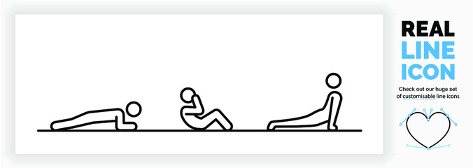 Editable real line icon of a stick figure person staying fit at home by doing exercises for muscle and cardio working on core body strength in modern black lines on a clean white background as eps 