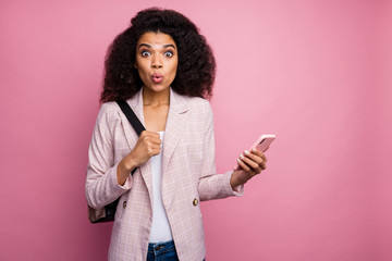 Poster - Photo of funny dark skin lady open mouth hold telephone read cool blog post comments walk lessons college backpack wear plaid blazer jeans isolated pastel color background