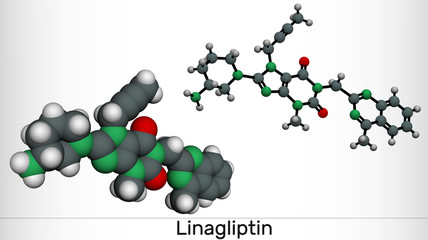 Wall Mural - Linagliptin, C25H28N8O2 molecule. It is DPP-4 inhibitor, used for the treatment of type II diabetes. Molecular model