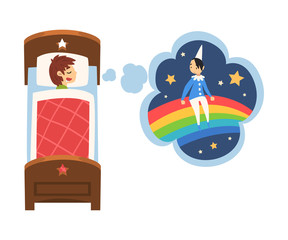 Poster - Cute Boy Sleeping in Bed and Dreaming About Boy Sitting on Rainbow, Kid Lying in Bed Having Sweet Dreams Vector Illustration