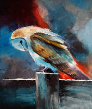 Oil Painting On Canvas, Depicting  A Barn Owl Sitting On A Wooden  Fence On A Winter Night