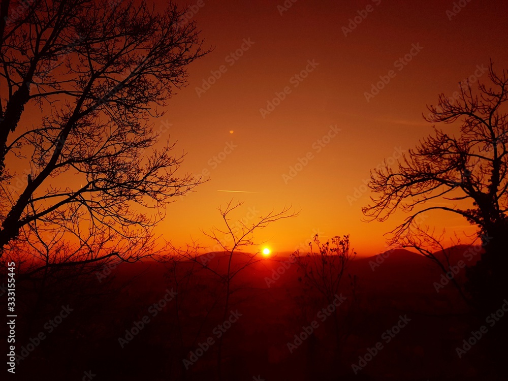 Sunset at the Schlossberg in Graz with a view of the west of Graz as well as mountains and trees - obrazy, fototapety, plakaty 