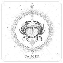 Modern Magic Witchcraft Card With Astrology Cancer Zodiac Sign. Realistic Hand Drawing Crab Illustration