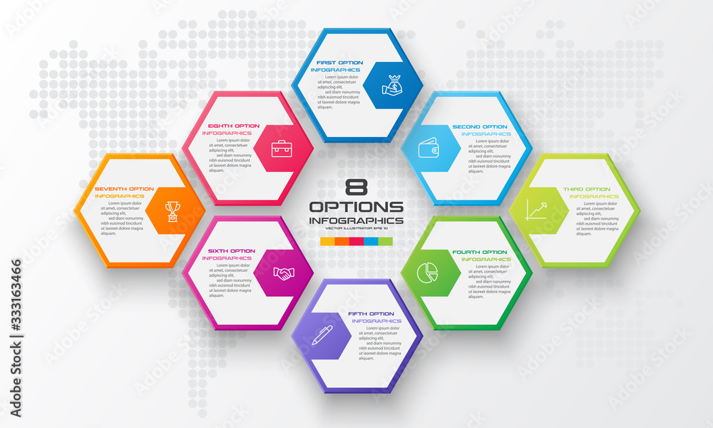 Abstract business infographics template with 8 hexagon in white color ...