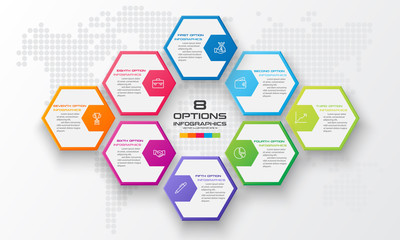 Abstract business infographics template with 8 hexagon in white color background