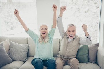 Sticker - Portrait of cheerful married people in teal brown pullovers raising fists screaming yeah sitting divan apartment