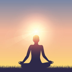 Wall Mural - meditating person on summer meadow at sunshine vector illustration EPS10