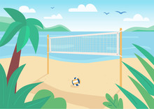 Beach Volleyball Net Flat Color Vector Illustration. Ball Game Outdoor Cort. Summer Vacation Entertainment. Seacoast 2D Cartoon Landscape With Water And Tropical Palm Trees On Background