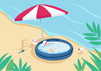 Inflatable pool and sun umbrella on sand beach flat color vector illustration. Parasol, sandcastle and children swimming pool. Summer vacation. Seacoast 2D cartoon landscape with water on background