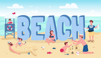 Wall Mural - beach word concepts flat color vector banner. people summertime activities. summer vacation recreati