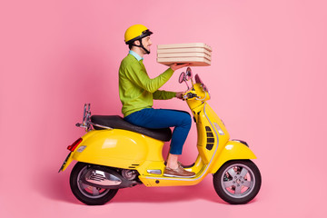 Poster - Profile side view portrait of his he nice attractive confident glad cheerful cheery guy driving moped bringing dessert baked pie call house isolated over pink pastel color background