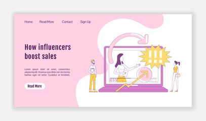 Wall Mural - how influencers boost sales landing page flat silhouette vector template. affiliate marketing homepa