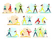 © Anastasiya - set with sports people. Flat vector illustration of boys and girls training in sports uniform and with sports equipment on abstract background.