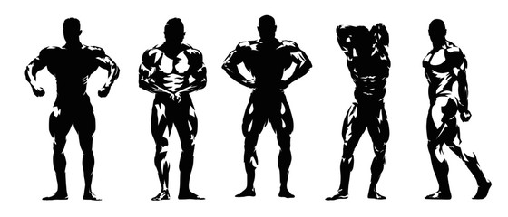 Wall Mural - Bodybuilding posing, group of isolated vector silhouettes. Ink drawing, set of isolated bodybuilders with big muscles