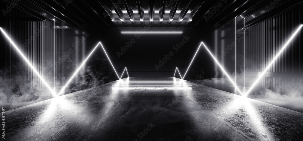 Sci Fi Futuristic Smoke Background Concrete Cement White Electric Neon Led Laser Glowing Lights Dark Night Studio Showcase Hallway Warehouse Stage Podium Cyber 3D Rendering - obrazy, fototapety, plakaty 