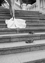 Sexy Picture Of Naked Woman With Beautiful Slim Body Without Clothes Leaving Fress On Steps And Walking Away. Lost Her Shoes On High Heels. Alone Outside.
