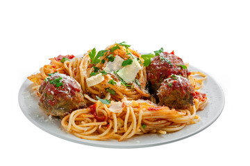 Traditional Italian spaghetti with meatballs and parmesan in tomato sauce on a white plate. American family meal isolated on white background.