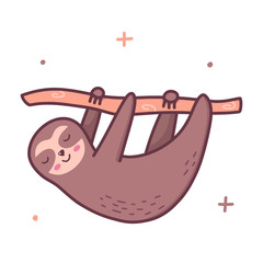 Wall Mural - Cute sloth hanging on a branch. Kawaii cartoon character isolated on a white background. Vector illustration.