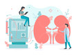 Conducting a dialysis procedure. Cleaning and transfusion of blood. Medical concept with tiny people. Flat vector illustration.