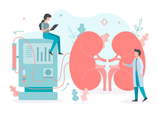 Wall Mural - Conducting a dialysis procedure. Cleaning and transfusion of blood. Medical concept with tiny people. Flat vector illustration.