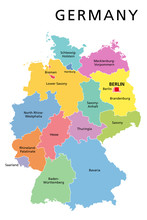 Germany Political Map. Multicolored States Of Federal Republic Of Germany With Capital Berlin And 16 Partly-sovereign States. Central And Western Europe Country. English Labeling. Illustration. Vector