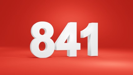 Number 841 in white on red background, isolated number 3d render