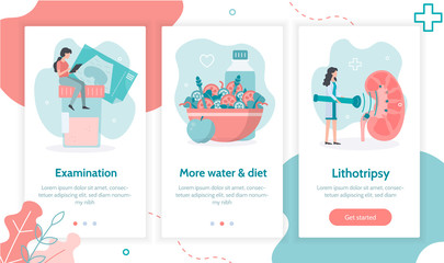 Stages of treatment of urolithiasis.  Onboarding screens template for mobile applications and websites. Flat vector.