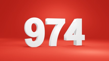 Number 974 in white on red background, isolated number 3d render