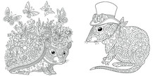 Coloring Pages. Hedgehog With Flowers And Butterflies. Mouse In Steampunk Clothes. 