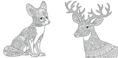 Wall Mural - Coloring pages. Fennec fox and Christmas reindeer. 