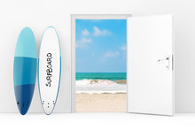 Travel Concept. Modern Surfboard With Fins Near Opened Office Or Home Door With Access To The Beach And Ocean. 3d Rendering
