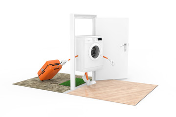 Aufkleber - Buying Home Appliances Concept. White Modern Washing Machine as Character Person with a Suitcase Comes Through the Doors to the House. 3d Rendering