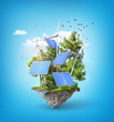 Eco energy. Solar panels with wind stations on the island. 3d illustration